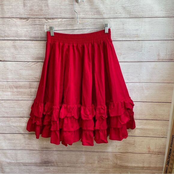 VINTAGE SQUARE UP VERY FULL TIERED RUFFLE SKIRT IN RED - Picture 1 of 4